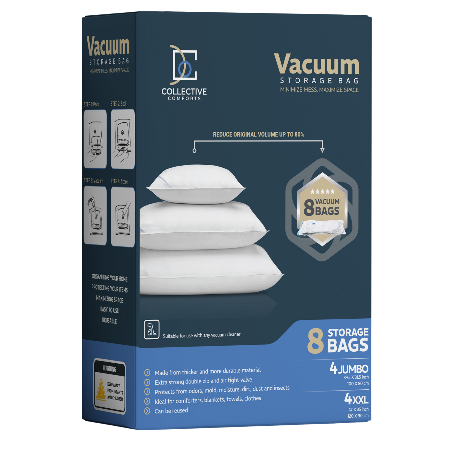 Collective Comforts vacuum seal bags – 8-pack XXL and Jumbo space saver bags for bedding and blankets