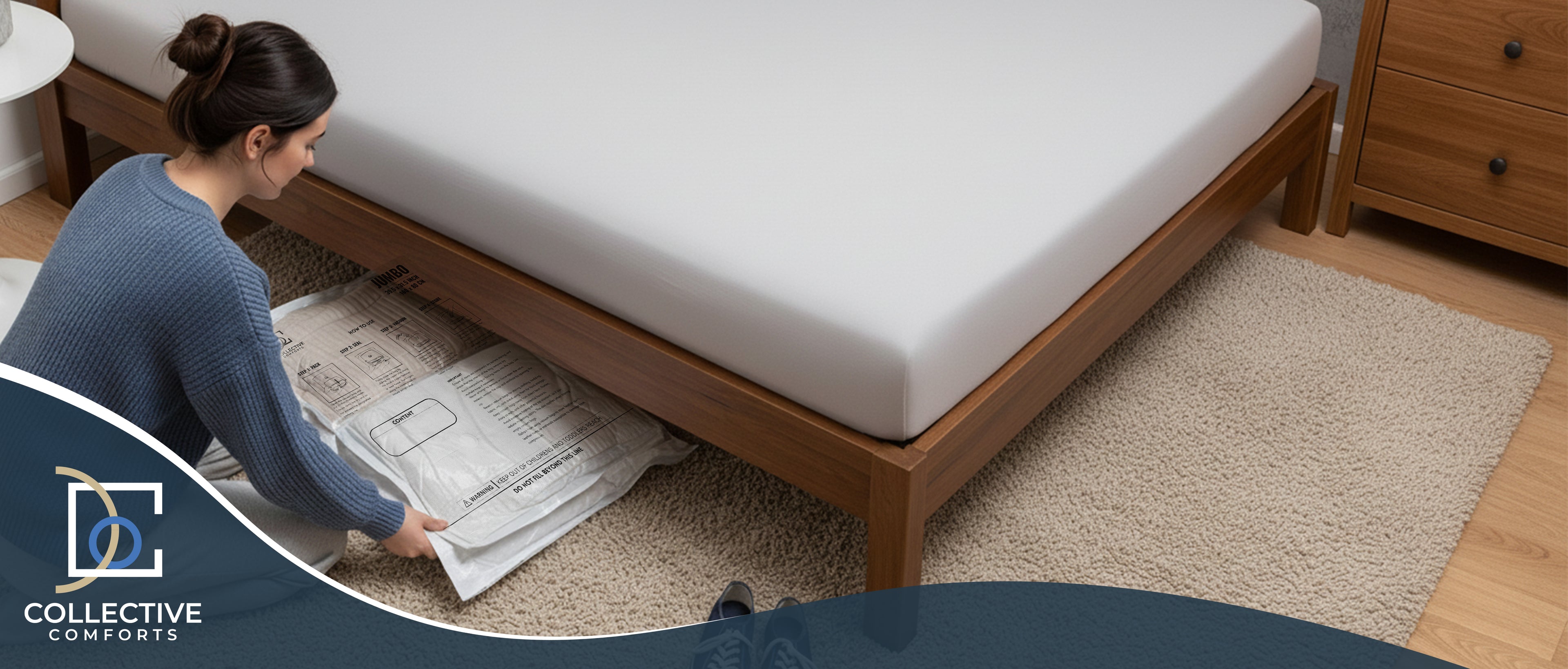 Using vacuum storage bags for bedding – space-saving under bed storage solution by Collective Comforts